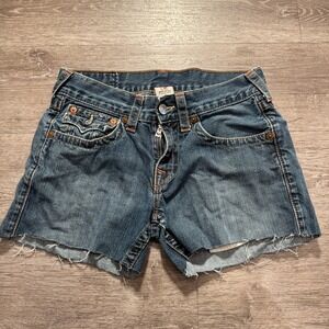 True Religion Shorts Womens 30 Blue Denim Cut‎ Off short Patch Stitch Logo Back